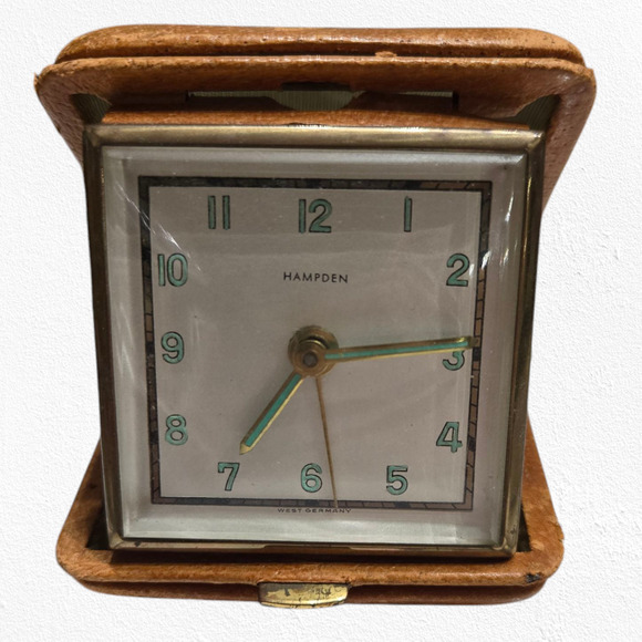 Vintage Other - 50s Vintage Hampden Travel Alarm Clock Wind-Up Mid-Century Leather Folding Case